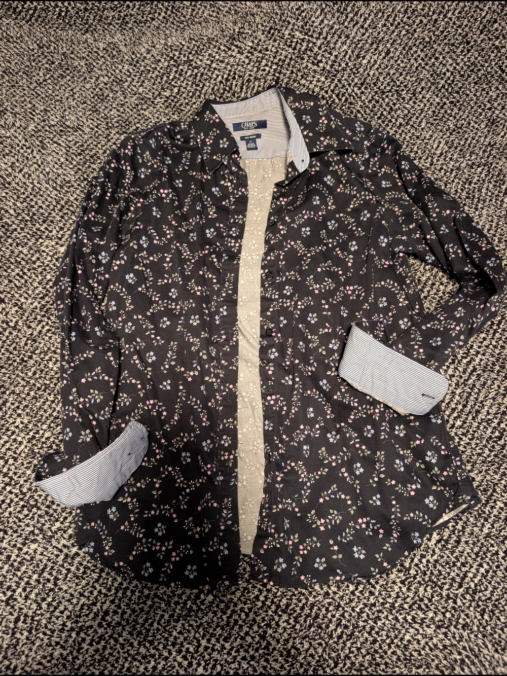 Chaps Women's Black Floral Button-Down Shirt with White Stripe Cuffs Size M